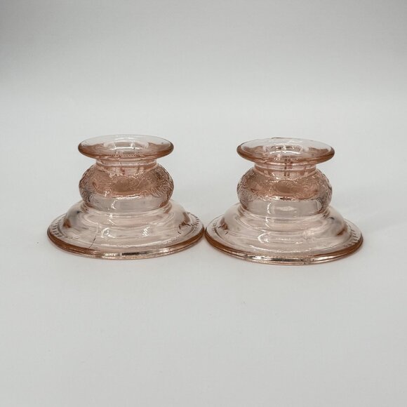 Set Of 2 Anchor Hocking Mayfair Open Rose Pink Depression Glass Candlestick - Picture 1 of 11